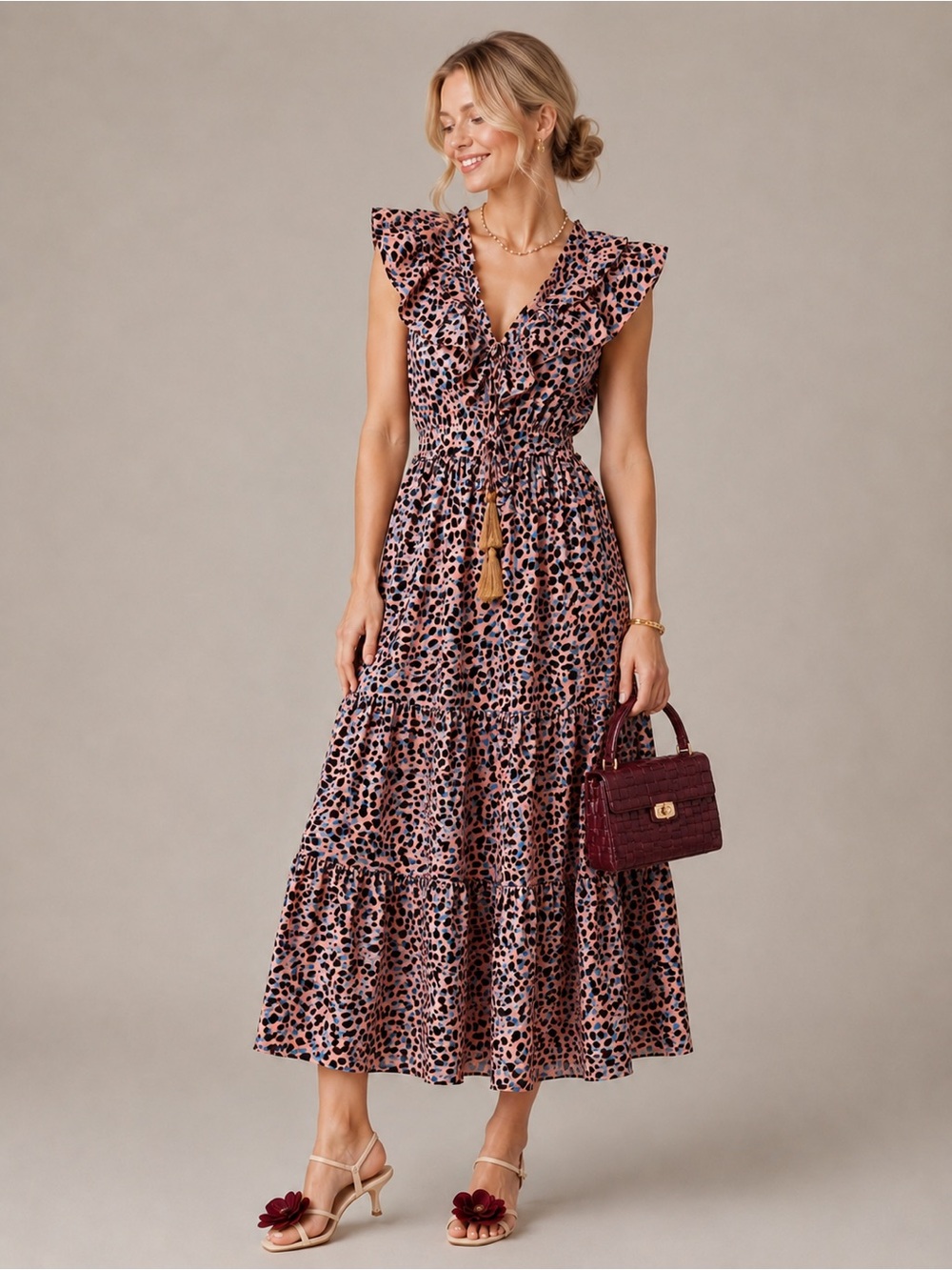 THML Pink Leopard Print Tiered Midi Dress Tassel Tie Boho Resort L cottagecore - Picture 1 of 10